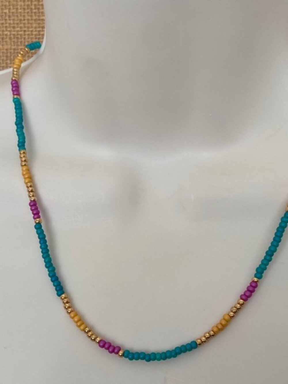 Bloom Turquoise blue and Gold Beaded Necklace seed bead